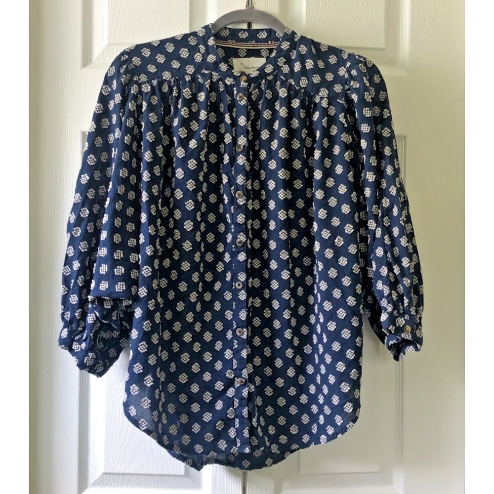 by Anthropologie Women Small Navy Blue Boho Cotton Blouse Balloon Sleeve Peasant